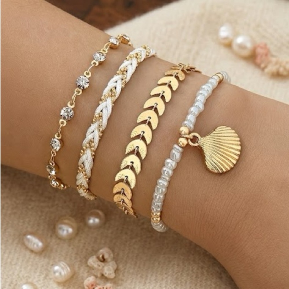 Coastal Elegance 4-Piece Gold and Pearl Shell Bracelet Set